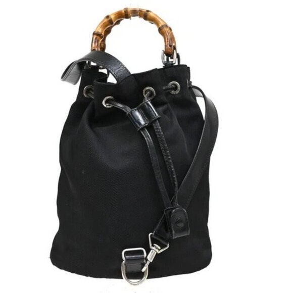 GUCCI Logo Bamboo 2Way Shoulder Hand Bag Canvas Leather Black SHW 01EG221 - Picture 1 of 16
